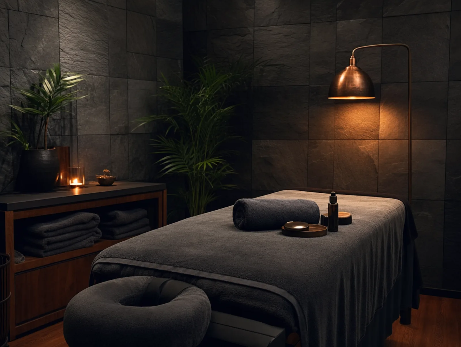 Anchor Point's massage room, slate walls and warm lamp light