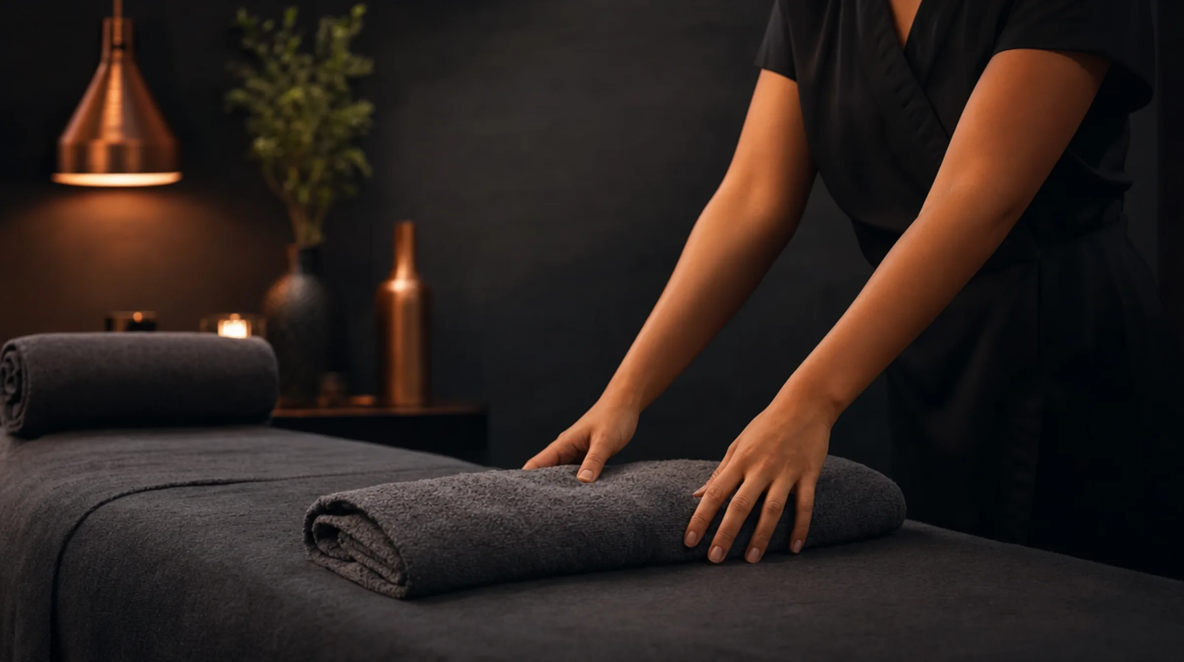 Dim, warmly lit massage studio with a dressed table, copper accents