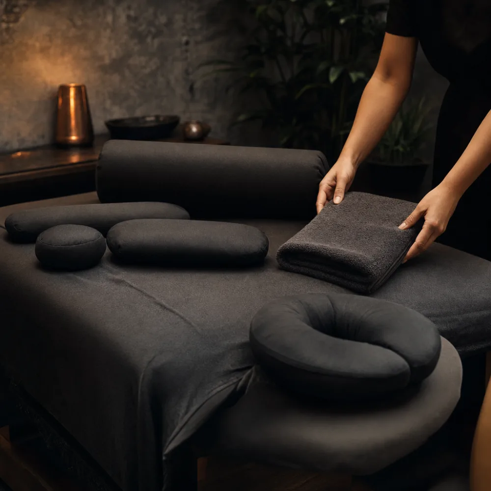 Support cushions arranged on a massage table for prenatal comfort positioning
