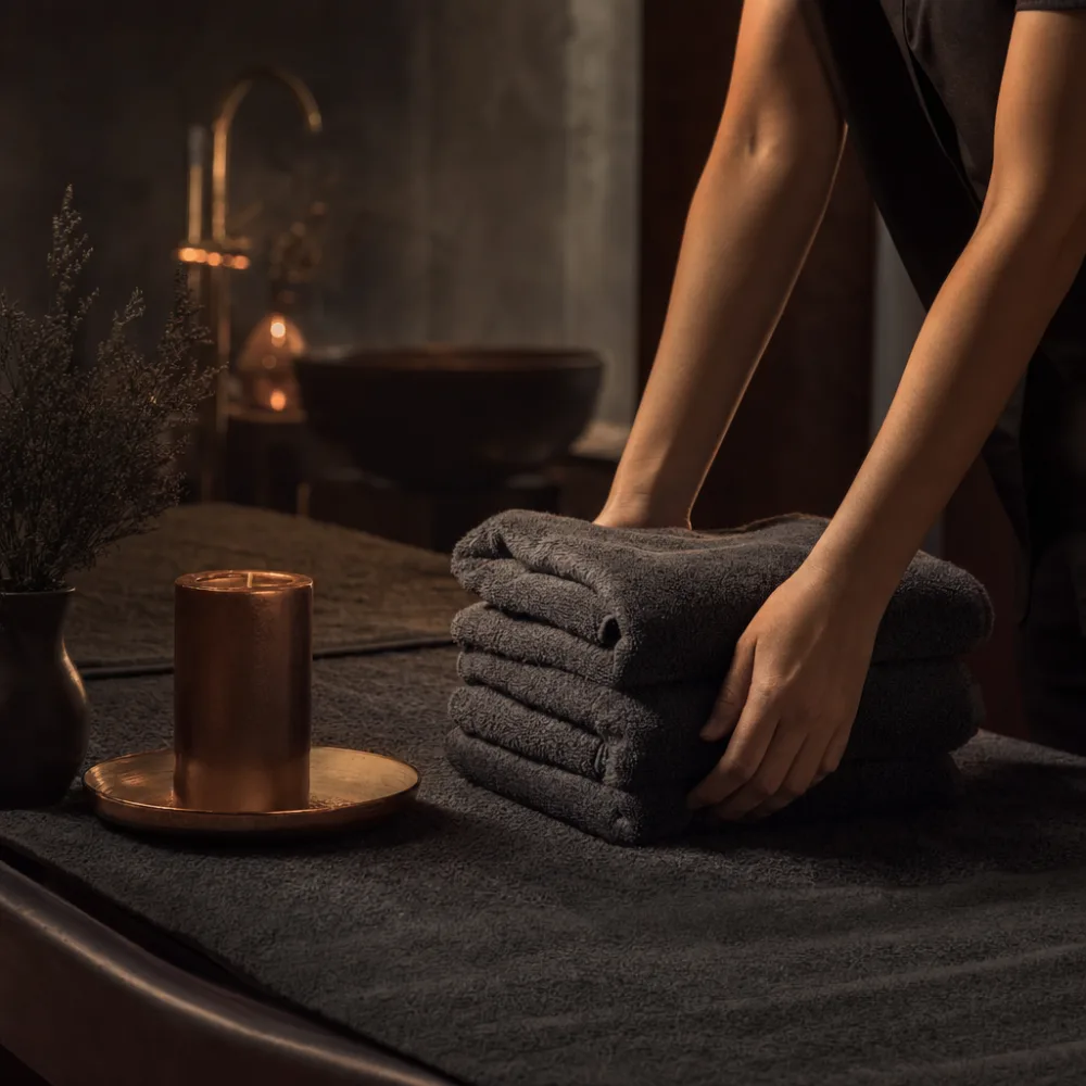 Folded warm towels staged in low studio light